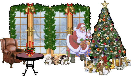 Grote kerstanimatie van een kerstboom - De Kerstman staat in de woonkamer bij de kerstboom samen met drie katjes, door de ramen is een sneeuwlandschap te zien