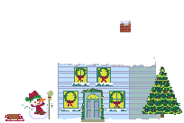 Kleine animatie van een kersthuis - De sneeuwpop staat naast het huis, aan de andere kant staat een kerstboom, voor de ramen hangen kerstkransen en op het dak staat de Kerstman bij de schoorsteen
