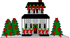Kleine animatie van een kersthuis - Huis met drie bomen die versierd zijn met groene en rode strikken