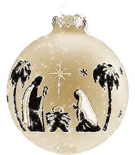 Middelgrote kerstmis animatie van een kerstbal - Kerstbal met Jozef en Maria bij het kindeke Jezus in de kribbe met aan beide kanten een palmboom