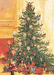 Kleine kerstanimatie van een kerstboom - De Kerstman en een paar poppen staan voor de kerstboom die naast de open haard staat