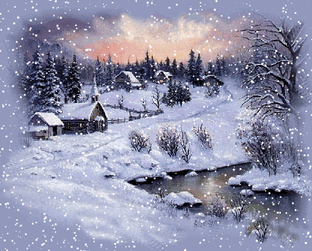 Grote animatie van een kerk - Sneeuwlandschap met een dorp met huizen en een kerk terwijl het sneeuwt