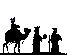 Kleine animatie van een kerststal - De wijzen uit het oosten met hun geschenken en een kameel wijzen naar de ster van Bethlehem