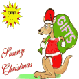Mini animatie van een kerstcadeau - Sunny Christmas met een springende kangoeroe verkleed als Kerstman met een zak met geschenken op zijn rug