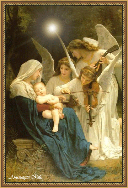 Grote animatie van een kerststal - Maria met het kindeke Jezus en musicerende engelen