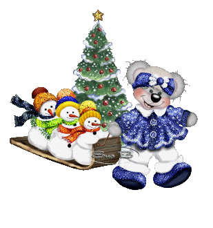 Grote kerstanimatie van een kerstdier - Drie sneeuwpoppen met een kerstboom op een slee die getrokken wordt door een muis