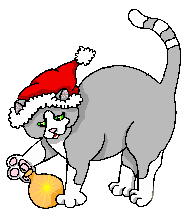 Kleine animatie van een kerstdier - Grijze kat met een kerstmuts op en een gele kerstbal