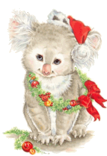 Middelgrote animatie van een kerstdier - Koala met een kerstmuts op zijn kop en een kerstkrans met rode strik om zijn nek