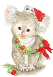 Middelgrote animatie van een kerstdier - Koala met een kerstmuts op zijn kop en een kerstkrans met rode strik om zijn nek