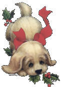 Kleine animatie van een kerstdier - Hondje met een rode strik en hulstbladeren met rode bessen