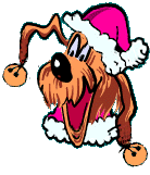 Kleine animatie van een kerstdier - Knipogende hond met kerstmuts