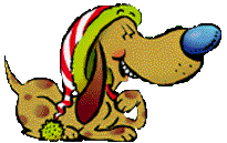 Kleine animatie van een kerstdier - Hond met opgetrokken wenkbrauwen en een kerstmuts