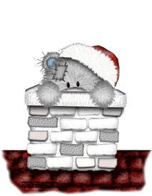Middelgrote animatie van een schoorsteen - Grijze beer met kerstmuts in de schoorsteen
