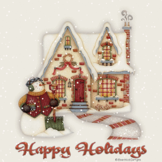 Grote animatie van een sneeuwpop - Happy Holidays met een sneeuwpop voor een besneeuwd huis terwijl het sneeuwt