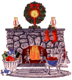 Middelgrote animatie van een schoorsteen - Brandende open haard met een mand vol kerstcadeaus en een kerstkrans boven de schouw