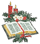 Kleine kerstanimatie van een kerstkaars - Twee brandende rode kaarsen bij een opengeslagen bijbel