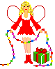 Mini animatie van een kerstmeisje - Meisje met een koord kerstverlichting en een groen kerstcadeau met rode strik