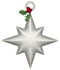 Middelgrote kerstanimatie van een kerstster - Witte glitter kerstster met twee blaadjes hulst en vier rode bessen