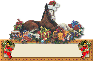 Middelgrote animatie van een kerstdier - Paard met kerstmuts en veel kerstcadeaus