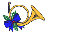 Kleine kerstanimatie - Trompet met blauwe strik die muziek maakt
