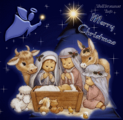 Grote animatie van een kerststal - Merry Christmas met Jozef en Maria en het kindeke Jezus in de kribbe met de kerstdieren en de kerstster daarboven