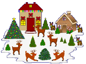 Middelgrote kerst animatie van een kersthuis - Twee huizen met vijf rendieren en een aantal verlichte kerstbomen