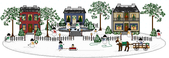 Grote kerstanimatie van een kersthuis - Kerstdorp met drie besneeuwde huizen en een groot aantal sneeuwpoppen