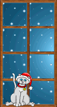 Middelgrote animatie van sneeuw - Kat met kerstmuts zit voor het raam, buiten sneeuwt het