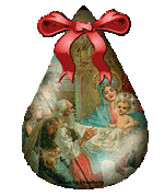 Kleine kerstanimatie van een kerstbal - Maria met het kindeke Jezus en een roze strik