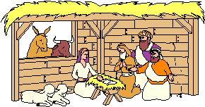 Kleine animatie van een kerststal - Jozef en maria met het kindeke Jezus in de kribbe in de stal tezamen met de drie herders, een koe, een ezel en twee lammeren