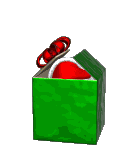 Kleine animatie van een kerstcadeau - Groen kerstcadeau met rode strik waar een dame met kerstmuts uit komt