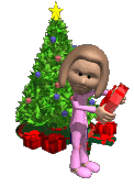 Kleine kerstanimatie van een kerstboom - Het meisje heeft een van de rode kerstcadeaus van onder de kerstboom gepakt