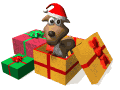Mini animatie van een kerstcadeau - Drie kerstcadeaus met in een ervan een hondje met een kerstmuts
