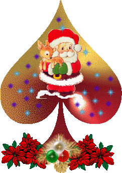 Middelgrote kerstanimatie van een kerstman - De Kerstman met een jong rendier in zijn armen op een kaarten schop