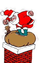 Kleine animatie van een schoorsteen - De Kerstman probeert een zak met kerstcadeaus de schoorsteen in te stampen