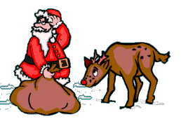 Kleine animatie van een rendier - De Kerstman omhelst zijn rendier Rudolf met de rode neus