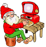 Kleine kerstanimatie van een kerstman - Elfje zit achter een rode computer