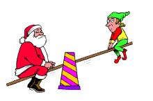 Kleine kerstanimatie van een kerstman - De Kerstman zit met een elfje op een wipwap