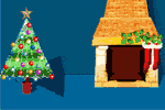Mini animatie van een schoorsteen - De kerstboom staat naast de open haard waar de Kerstman uitkomt die kerstcadeaus komt brengen