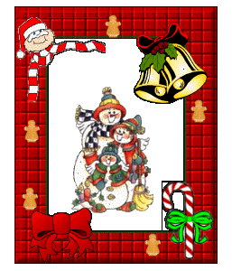 Middelgrote animatie van een sneeuwpop - Sneeuwpoppen in een lijst met de Kerstman, kerstklokken, candy cane en een rode strik