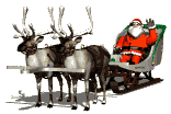 Mini animatie van een rendier - De Kerstman zwaait je toe vanaf zijn slee die bespannen is met twee rendieren