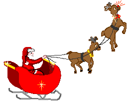 Middelgrote animatie van een rendier - De Kerstman zit in zijn slee die getrokken wordt door twee rendieren