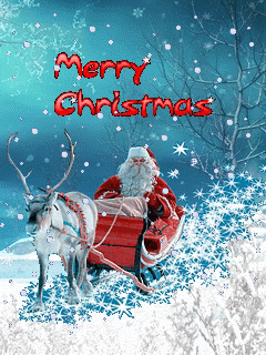 Middelgrote animatie van een kerstwens - Merry Christmas met de Kerstman in zijn slee en Rudolf het rendier