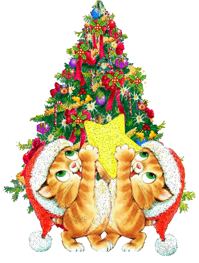 Grote kerstanimatie van een kerstboom - Twee katjes met kerstmutsen houden een gele ster vast voor de kerstboom