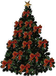 Middelgrote kerstanimatie van een kerstboom - Kerstboom die versierd is met rode strikken en oplichtende sterren