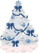 Kleine kerstanimatie van een kerstboom - Witte kerstboom met blauwe strikken en slingers