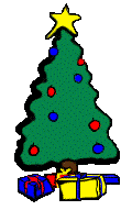 Kleine kerstanimatie van een kerstboom - Kerstboom met een gele kerstster als piek en pakjes onder de boom met gekleurde twinkelverlichting